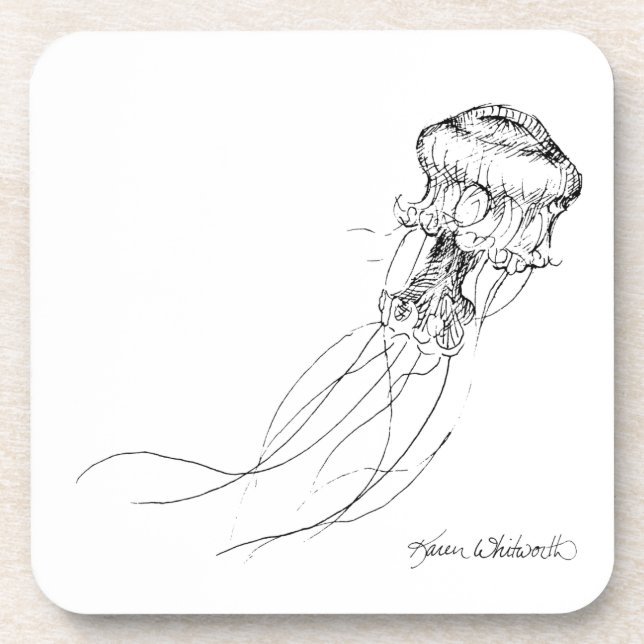 Jellyfish Black & White Drawing Drink Coaster (Front)