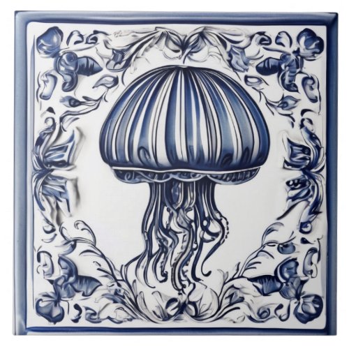 Jellyfish Blue and White Jelly Fish Ocean Marine Ceramic Tile