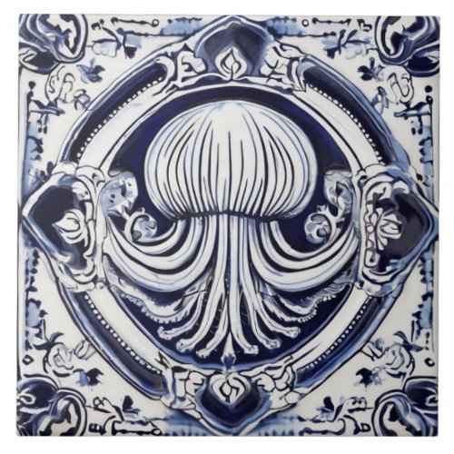 Jellyfish Blue and White Sea Life Beach House Ceramic Tile