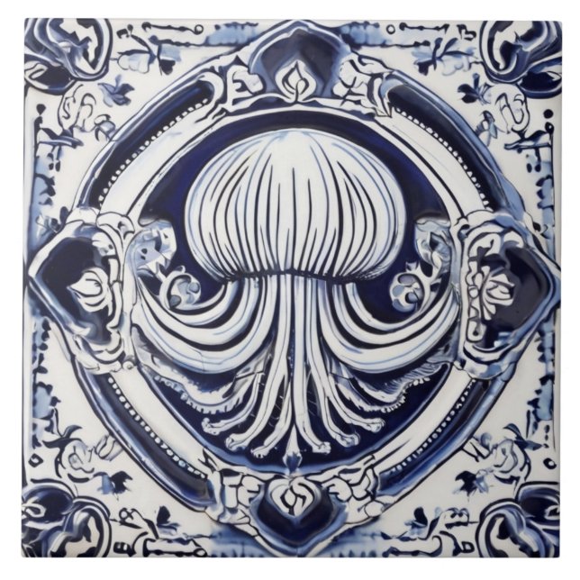 Jellyfish Blue and White Sea Life Beach House Ceramic Tile (Front)