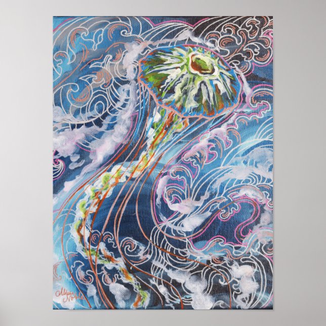 Jellyfish Colorful Ocean Waves Art Print  (Front)