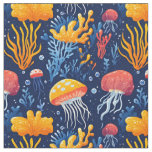 Jellyfish &amp; Coral Reef on Blue Fabric
