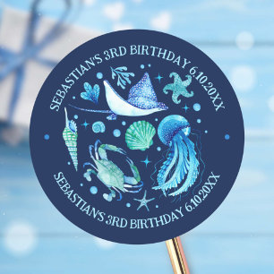 Jellyfish, Crab, Stingray Ocean Animals Watercolor Classic Round Sticker