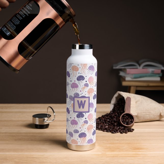 Jellyfish Cute Pastel Purple and Orange Monogram Water Bottle (Coffee (Rotated))