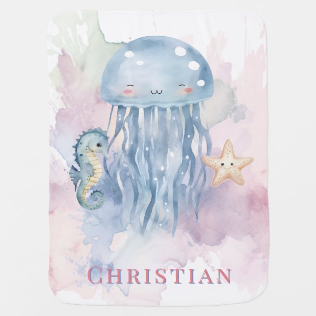 Jellyfish & Friends Pastel Baby Shower Gift Blanket (Front)