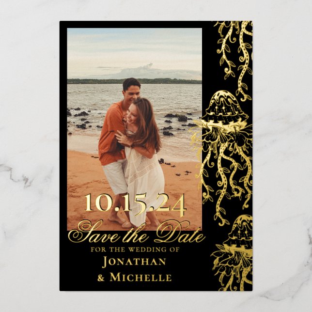 Jellyfish Gold Foil Beach Photo Save the Date Invitation (Front)