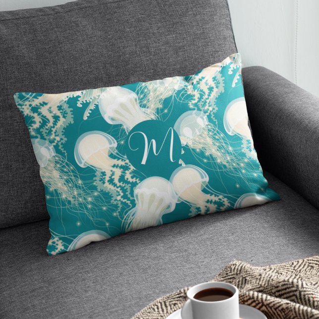 Jellyfish In Blue Ocean Summer Season Monogram Accent Pillow (Creator Uploaded)