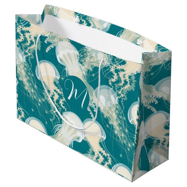 Jellyfish In Blue Ocean Summer Season Monogram Large Gift Bag (Back Angled)