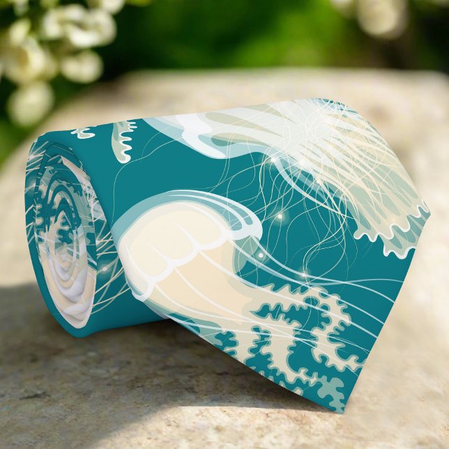 Jellyfish In Blue Ocean Summer Season Monogram Neck Tie (Creator Uploaded)