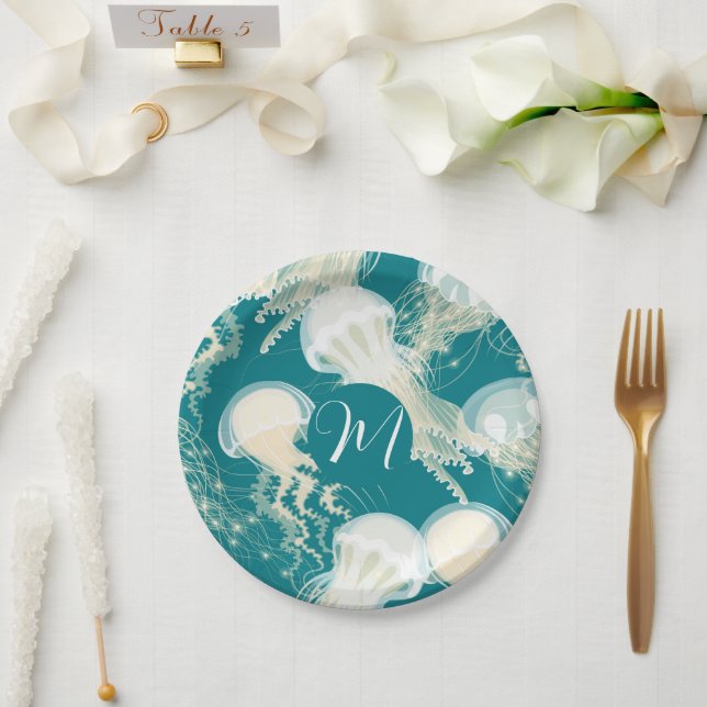Jellyfish In Blue Ocean Summer Season Monogram Paper Plates (Wedding)