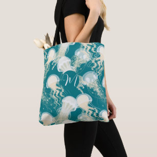 Jellyfish In Blue Ocean Summer Season Monogram Tote Bag