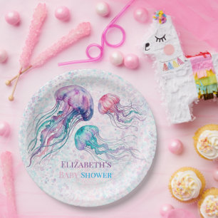 Jellyfish in Teal and Purple Girl Baby Shower Paper Plates