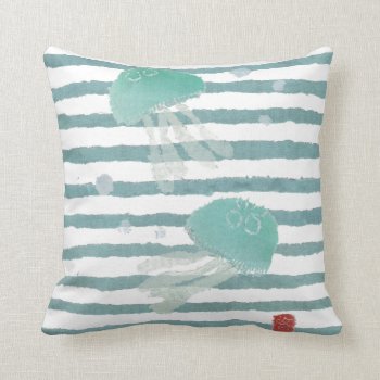 Jellyfish On Aqua Blue Stripe Pillow by BlessHue at Zazzle