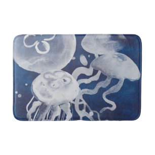 Jellyfish on Navy Background Bathroom Mat