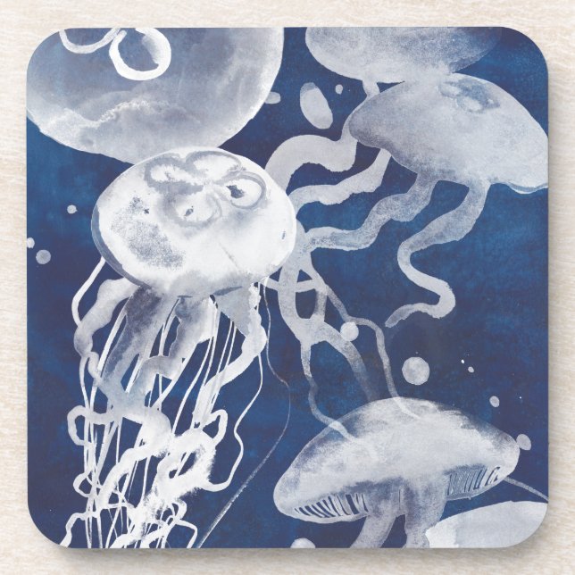 Jellyfish on Navy Background Beverage Coaster (Front)