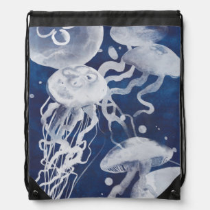 Jellyfish on Navy Background Drawstring Bag