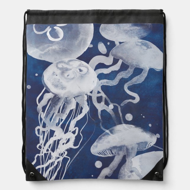 Jellyfish on Navy Background Drawstring Bag (Front)