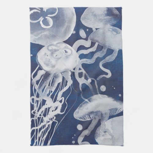 Jellyfish on Navy Background Kitchen Towel