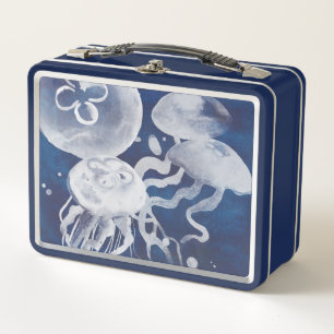 Jellyfish on Navy Background Metal Lunch Box
