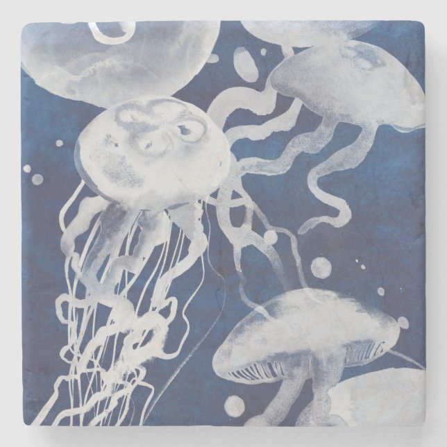 Jellyfish on Navy Background Stone Coaster (Front)