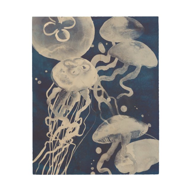 Jellyfish on Navy Background Wood Wall Decor (Front)