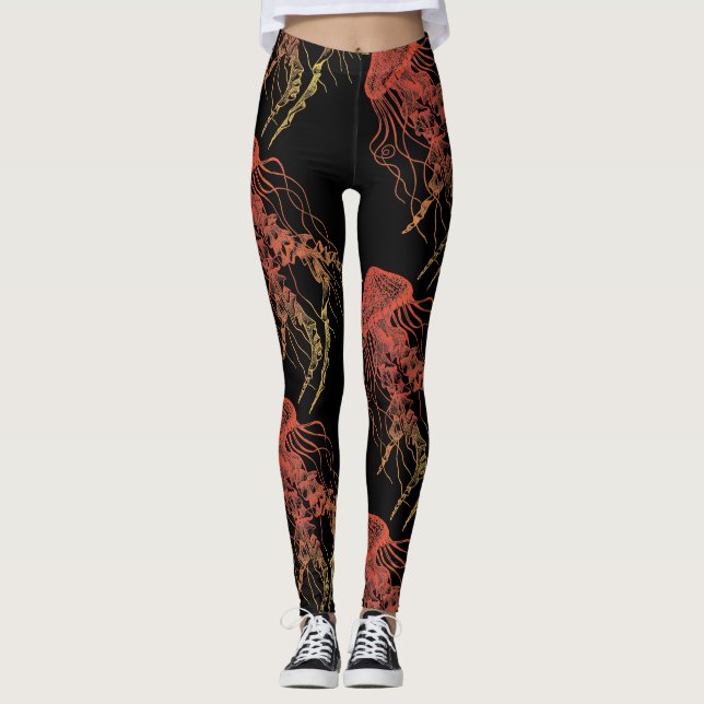 Jellyfish Orange, Red, Yellow Black Leggings (Front)