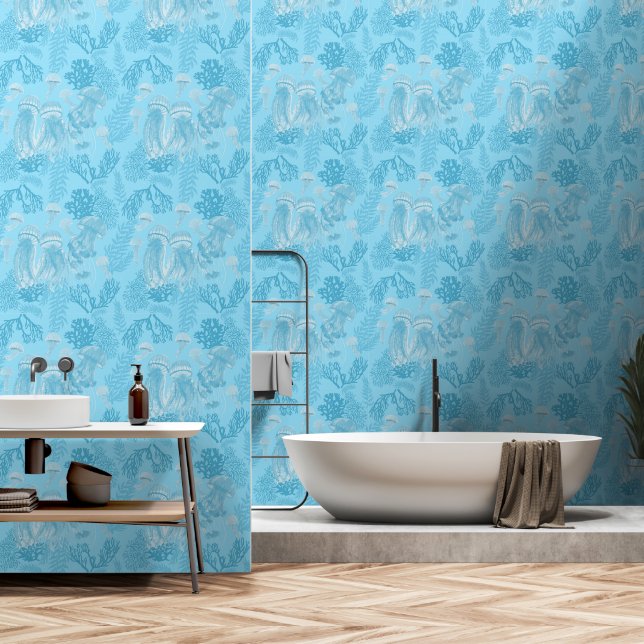 Jellyfish Pastel Blue Wallpaper (Bathroom)