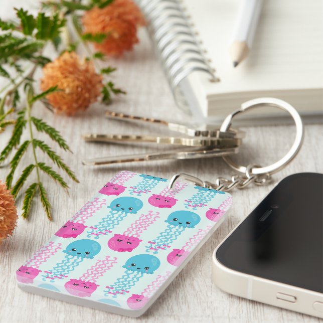 Jellyfish Pattern, Cute Jellyfish, Sea Animals Keychain (Front Right)