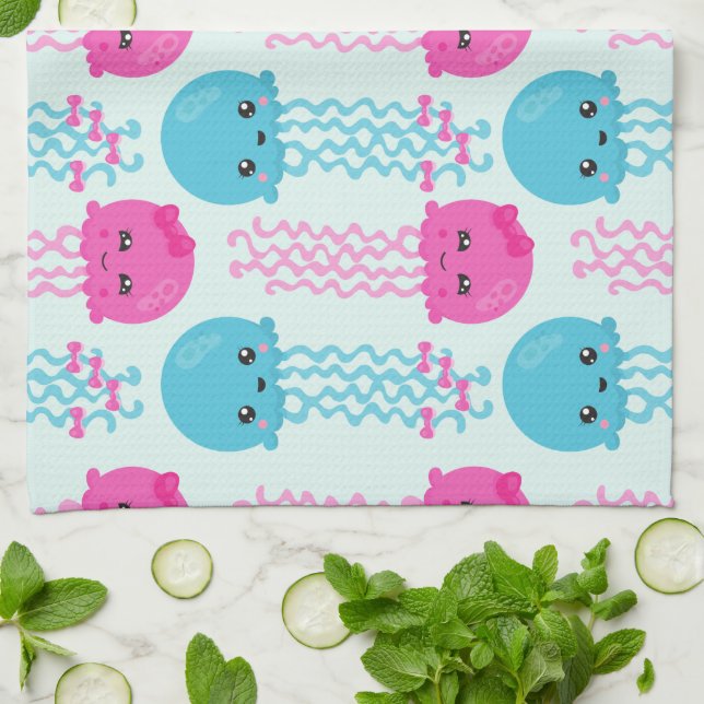 Jellyfish Pattern, Cute Jellyfish, Sea Animals Kitchen Towel (Folded)