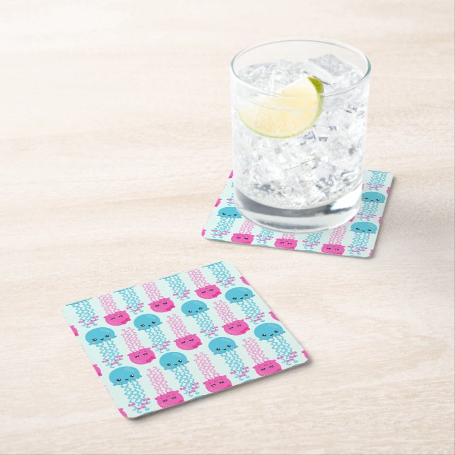 Jellyfish Pattern, Cute Jellyfish, Sea Animals Square Paper Coaster (Insitu)