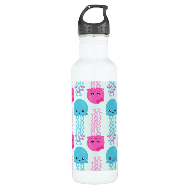 Jellyfish Pattern, Cute Jellyfish, Sea Animals Stainless Steel Water Bottle (Front)