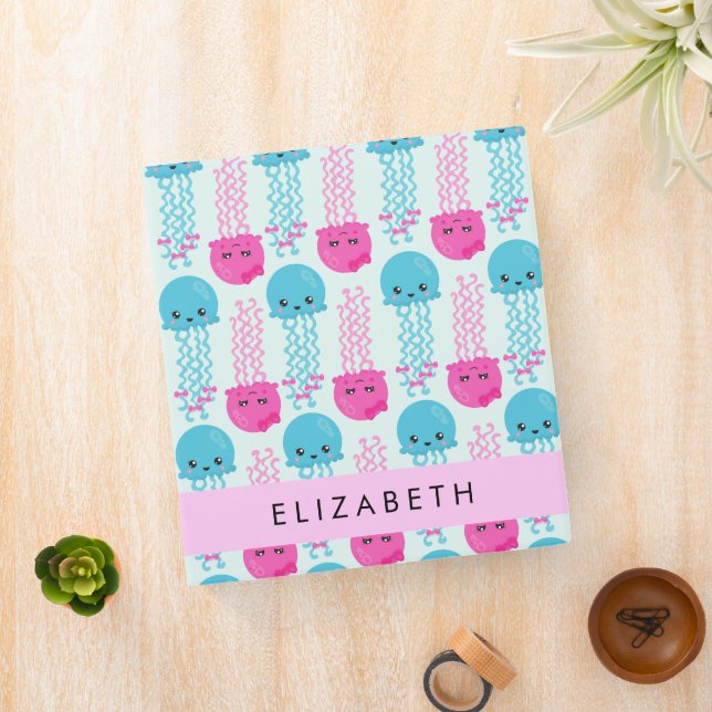 Jellyfish Pattern, Cute Jellyfish, Sea, Your Name 3 Ring Binder (In Situ)