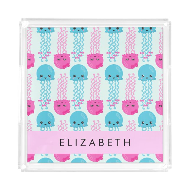 Jellyfish Pattern, Cute Jellyfish, Sea, Your Name Acrylic Tray (Front)
