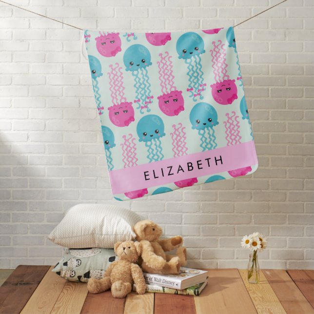 Jellyfish Pattern, Cute Jellyfish, Sea, Your Name Baby Blanket (In Situ)