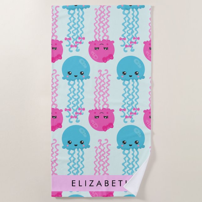 Jellyfish Pattern, Cute Jellyfish, Sea, Your Name Beach Towel (Front)