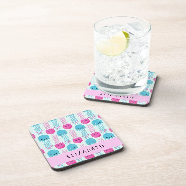 Jellyfish Pattern, Cute Jellyfish, Sea, Your Name Beverage Coaster (Right Side)