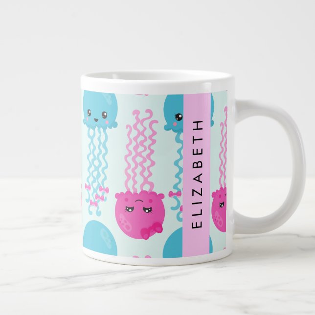 Jellyfish Pattern, Cute Jellyfish, Sea, Your Name Giant Coffee Mug (Right)
