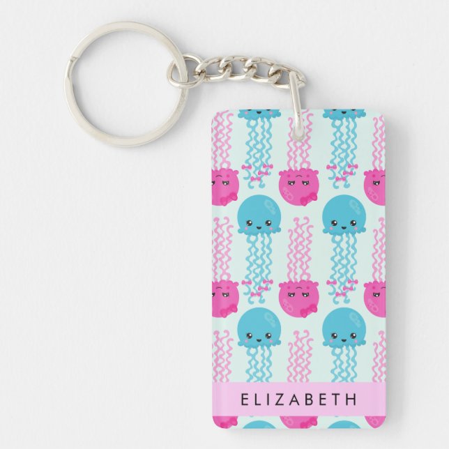 Jellyfish Pattern, Cute Jellyfish, Sea, Your Name Keychain (Front)