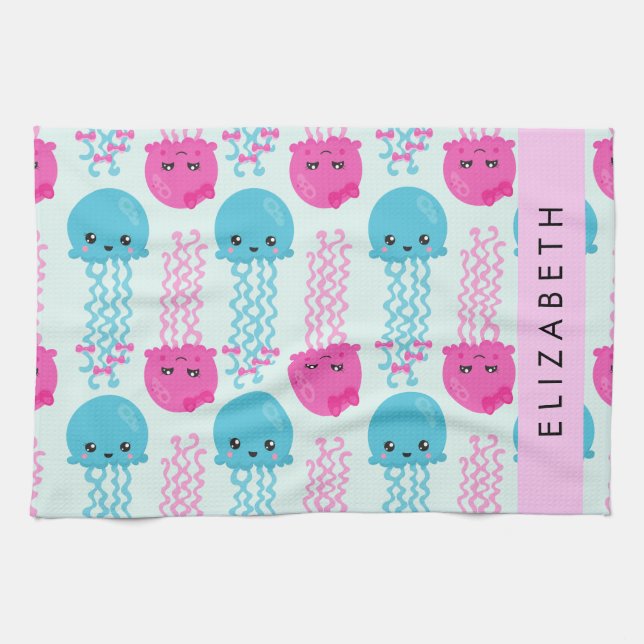 Jellyfish Pattern, Cute Jellyfish, Sea, Your Name Kitchen Towel (Horizontal)