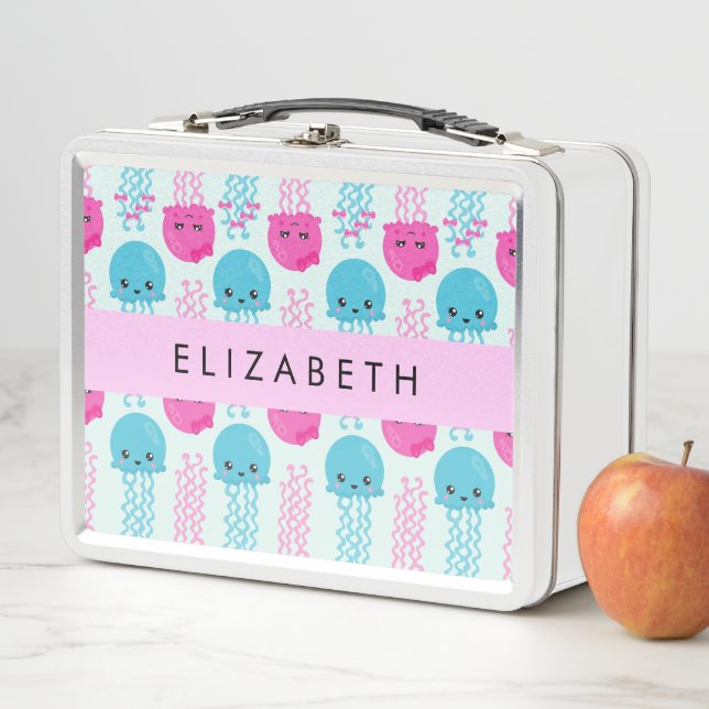 Jellyfish Pattern, Cute Jellyfish, Sea, Your Name Metal Lunch Box (In Situ)