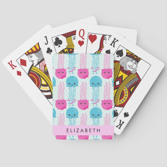 Jellyfish Pattern, Cute Jellyfish, Sea, Your Name Poker Cards (Back)