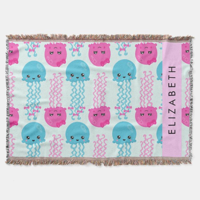 Jellyfish Pattern, Cute Jellyfish, Sea, Your Name Throw Blanket (Front)