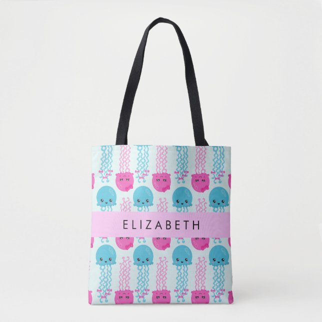 Jellyfish Pattern, Cute Jellyfish, Sea, Your Name Tote Bag (Front)