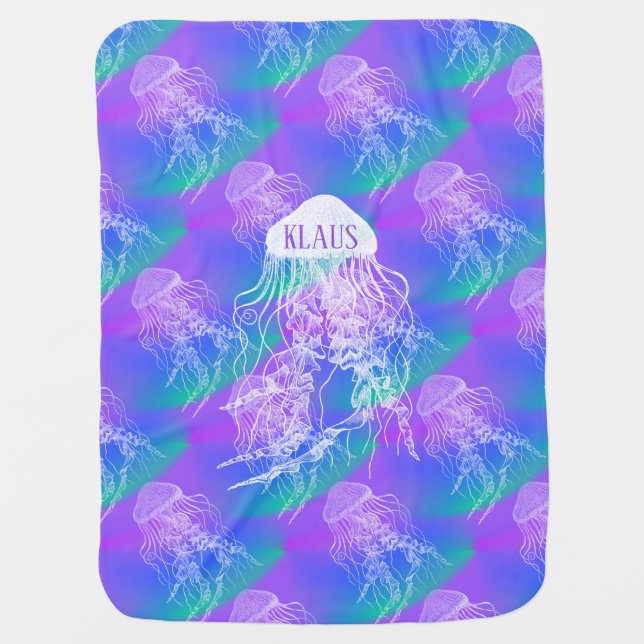 Jellyfish Purple Blue Floating Personalized Baby Blanket (Front)