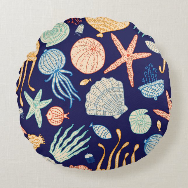 Jellyfish Shells Fish Algae Pattern Round Pillow (Front)