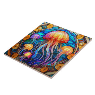 Jellyfish Stained glass art Ceramic Tile