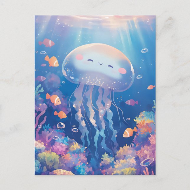 Jellyfish Swimming in Colorful Tropical Coral Reef Postcard (Front)