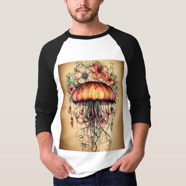Jellyfish Tattoo Design with Floral Elements T-Shirt (Front)