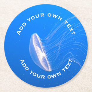 Jellyfish Tentacles Bright Blue Sea Custom Text Round Paper Coaster