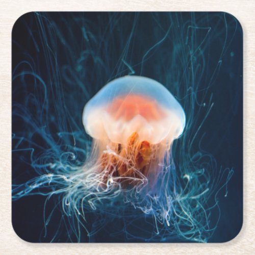 Jellyfish Underwater _ Dark Glow Square Paper Coaster